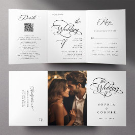 Invitación Tríptica Elegante Boda de caligrafía elegante negro y blanc