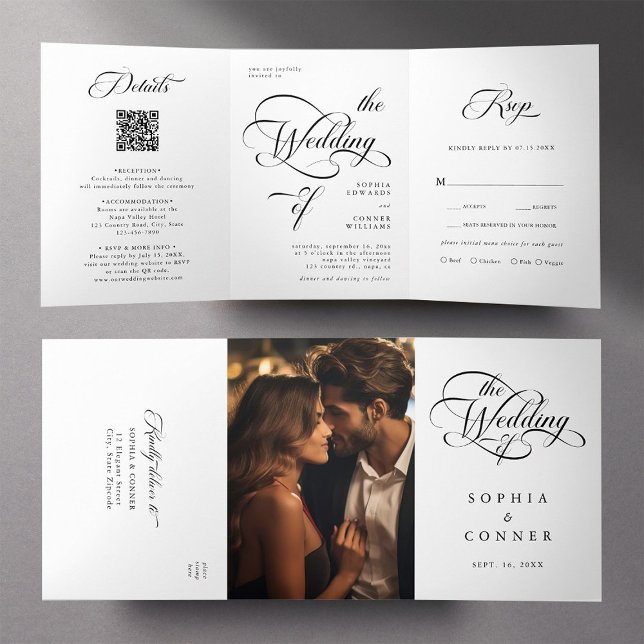 Invitación Tríptica Elegante Boda de caligrafía elegante negro y blanc (Inside & Outside)