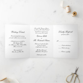 Invitación Tríptica Elegante Boda de Caligrafía Formal en Blanco y Neg