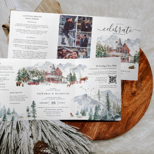 Invitación Tríptica Elegante boda de chalet de esquí de montaña de inv