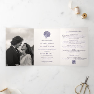 Invitación Tríptica Elegante Boda de color azul vintage de pavo real m