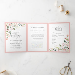 Invitación Tríptica Elegante Boda De Comidas Florales De Color Rosa Y