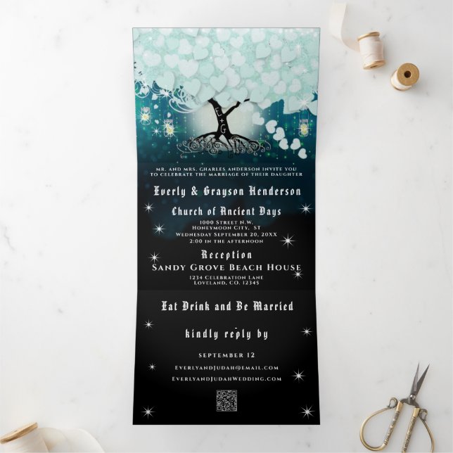 Invitación Tríptica Elegante Boda de Corazón de Hoja de Aqua Fría (Interior)