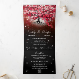 Invitación Tríptica Elegante Boda de Corazón Hoja Rojo & Negro