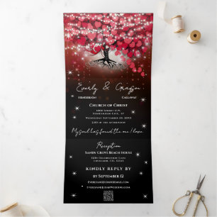 Invitación Tríptica Elegante Boda de Corazón Hoja Rojo & Negro