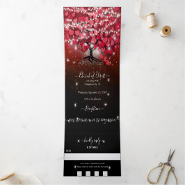 Invitación Tríptica Elegante Boda de Corazón y Hoja Roja y Negra