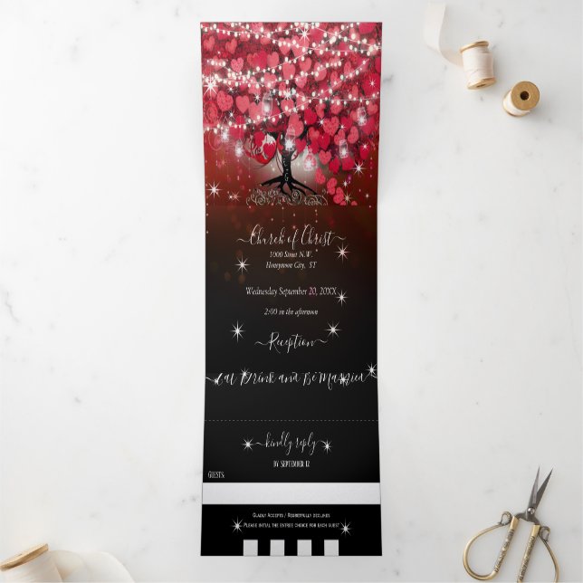 Invitación Tríptica Elegante Boda de Corazón y Hoja Roja y Negra (Interior)