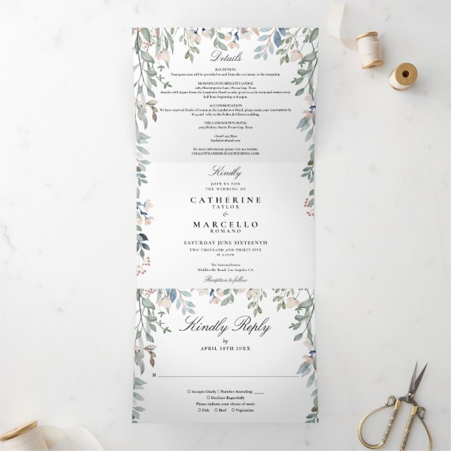 Invitación Tríptica Elegante Boda de Flores Silvestres Florales (Interior)