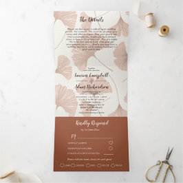 Invitación Tríptica Elegante Boda de Foliage Terracotta Ginkgo