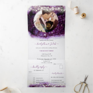 Invitación Tríptica Elegante Boda de Geoda de Cristal de Amatista Púrp