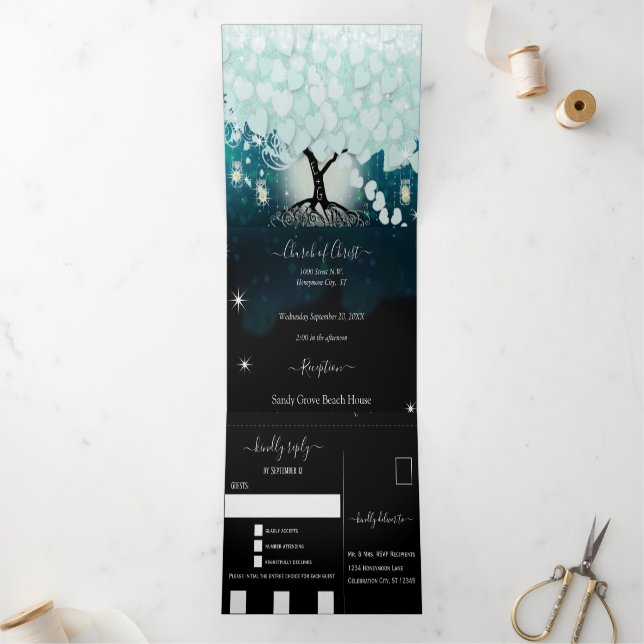 Invitación Tríptica Elegante Boda de Guay Aqua Heart Leaf (Interior)