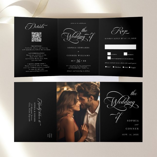 Invitación Tríptica Elegante Boda de guión de caracteres negro (Inside & Outside)