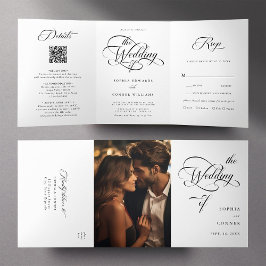 Invitación Tríptica Elegante Boda de guiones Delicados Negro y Blanco