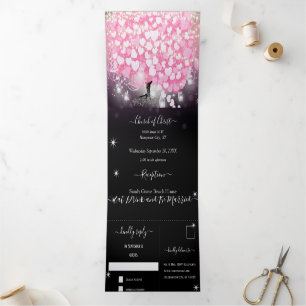 Invitación Tríptica Elegante Boda de hojas de corazón rosado y negro
