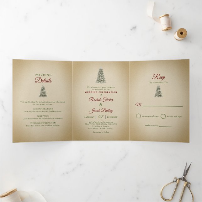 Invitación Tríptica Elegante Boda de Invierno del Árbol de Navidad (Interior)