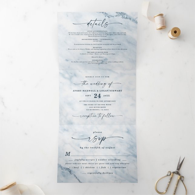 Invitación Tríptica Elegante Boda de Mármol Metálico Azul Moonlight (Interior)