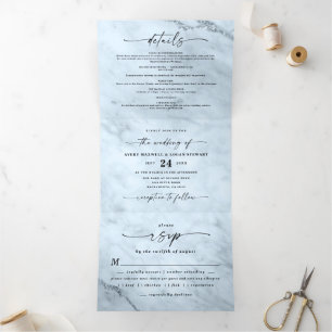 Invitación Tríptica Elegante Boda de mármol metálico azul turbio y cla
