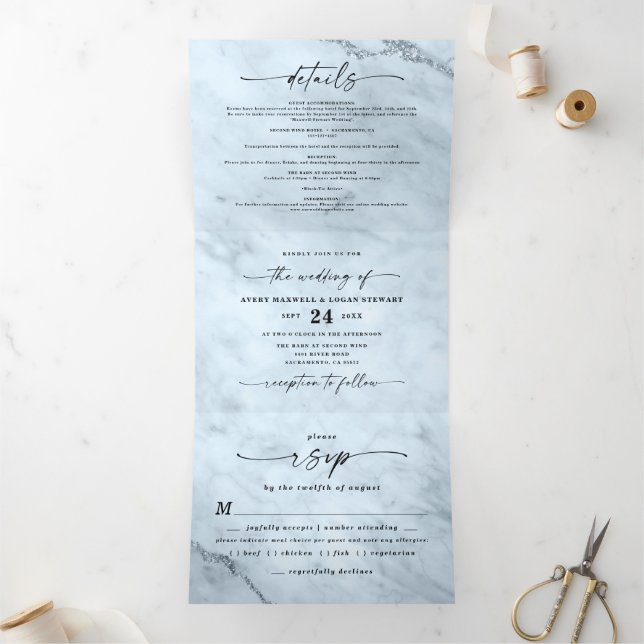Invitación Tríptica Elegante Boda de mármol metálico azul turbio y cla (Interior)