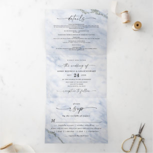 Invitación Tríptica Elegante Boda de mármol metálico azul y plateado