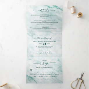 Invitación Tríptica Elegante Boda de mármol metálico verde esmeralda
