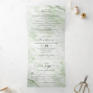 Invitación Tríptica Elegante Boda de Mármol Metálico Verde Salvia en J