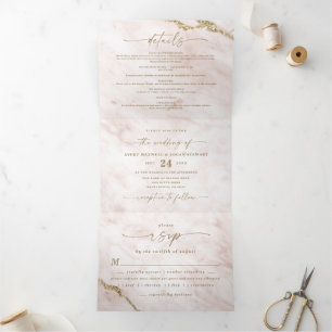 Invitación Tríptica Elegante Boda de mármol rosa y Relieve metalizado 