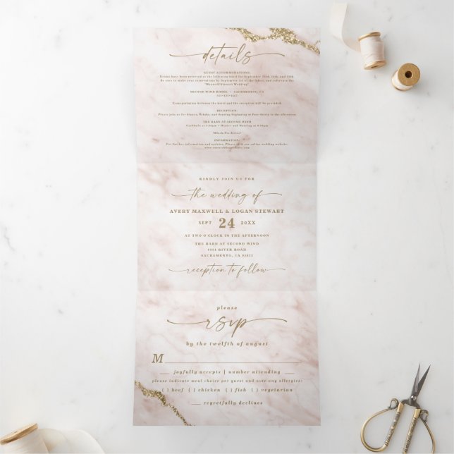 Invitación Tríptica Elegante Boda de mármol rosa y Relieve metalizado  (Interior)
