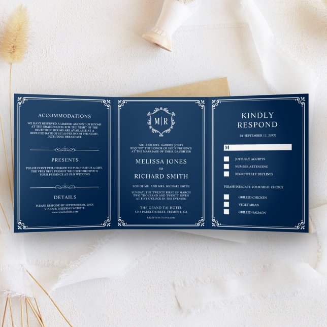 Invitación Tríptica Elegante Boda de Monograma Azul de la Marina Azul (Subido por el creador)