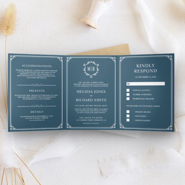 Invitación Tríptica Elegante Boda de Monograma Azul Dusty (Subido por el creador)
