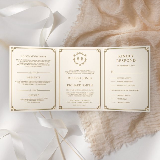 Invitación Tríptica Elegante Boda de Monograma Clásico Crema y Oro (Subido por el creador)