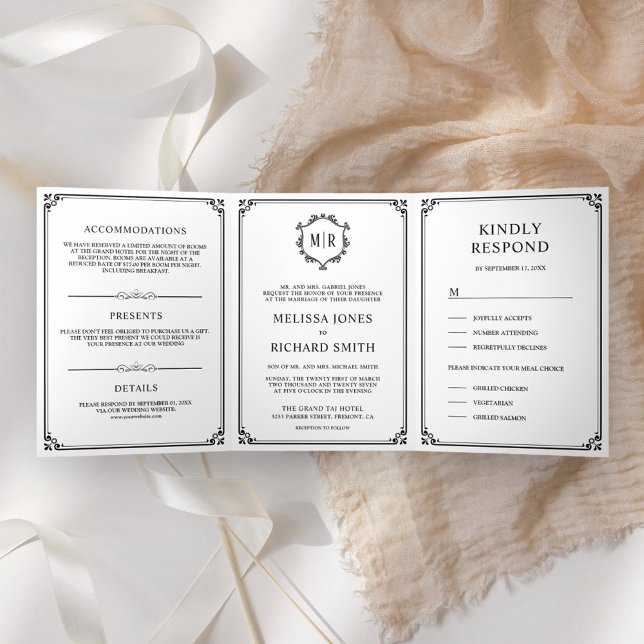Invitación Tríptica Elegante Boda de Monograma Clásico Negro y Blanco (Subido por el creador)