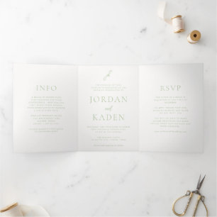 Invitación Tríptica Elegante Boda de Monograma de Guión Verde Sage
