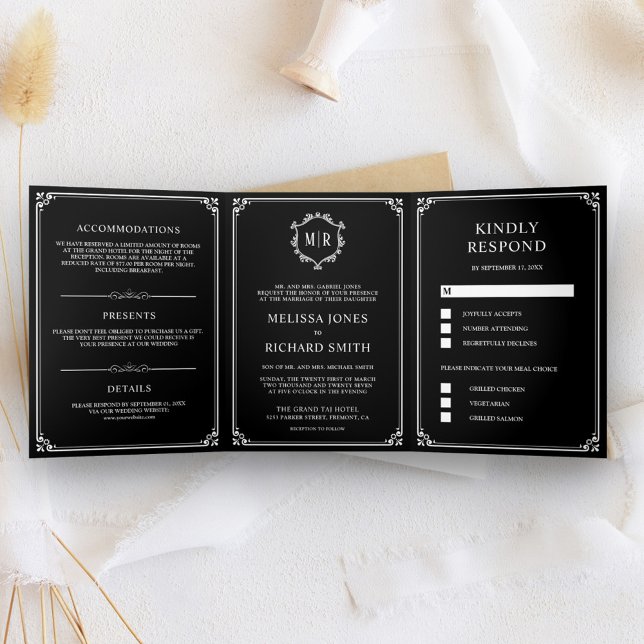 Invitación Tríptica Elegante Boda de Monograma Negro Clásico (Subido por el creador)