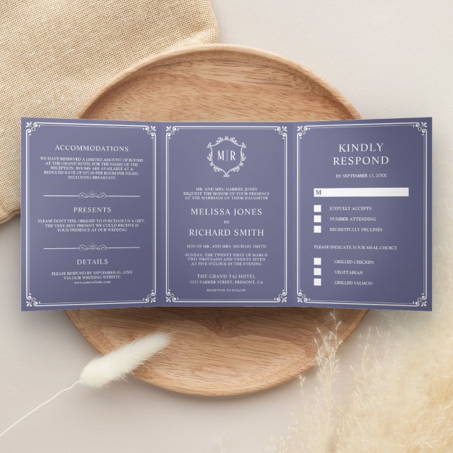 Invitación Tríptica Elegante Boda de Monograma Púrpura Polvoriento Clá (Subido por el creador)