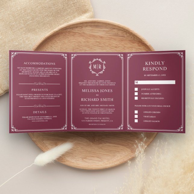 Invitación Tríptica Elegante Boda de Monograma Rosa Polvoriento (Subido por el creador)