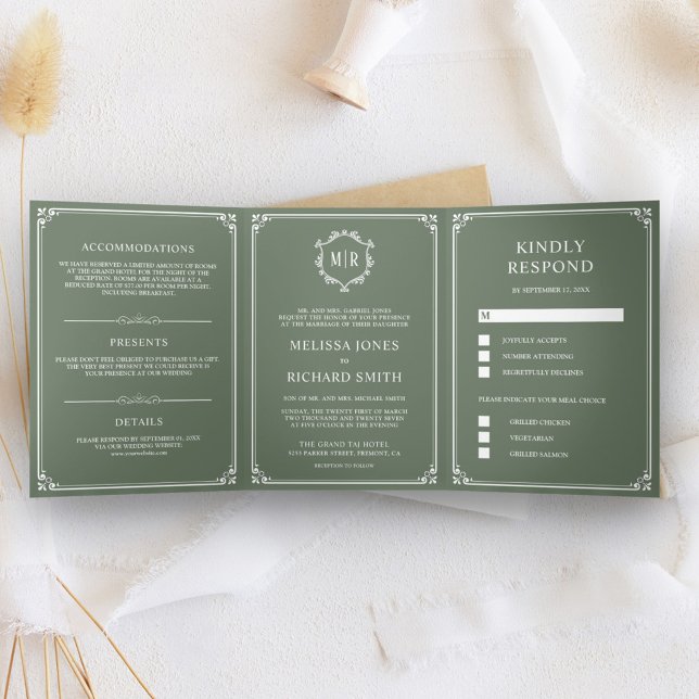 Invitación Tríptica Elegante Boda de Monograma Verde Masaje Clásico (Subido por el creador)