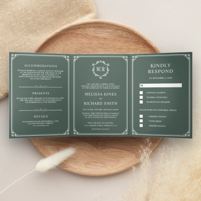 Invitación Tríptica Elegante Boda de Monograma Verde Polvoriento (Subido por el creador)