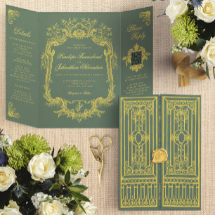 Invitación Tríptica Elegante Boda de Puerta Real Verde Salvia Dorada