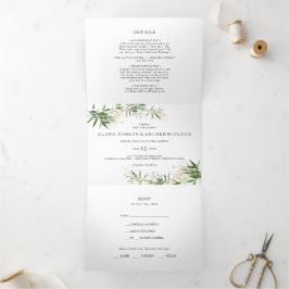 Invitación Tríptica Elegante Boda de vegetación de oliva todo en un tr