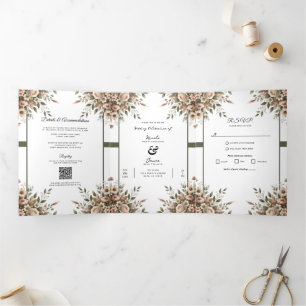 Invitación Tríptica Elegante boda en esquina floral verde oliva y blan