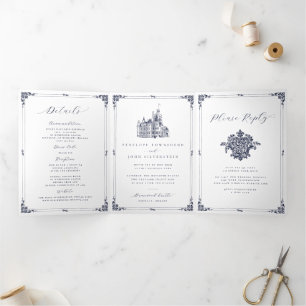 Invitación Tríptica Elegante boda en la puerta del castillo victoriano