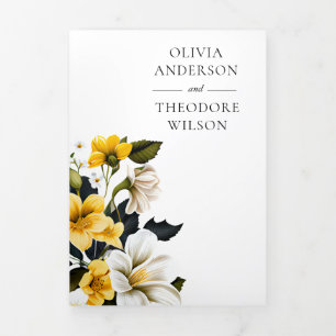 Invitación Tríptica Elegante Boda floral amarillo todo en un código QR