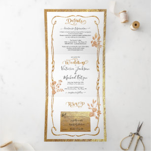 Invitación Tríptica Elegante Boda floral blanco y dorado Tri-Fol Tri-