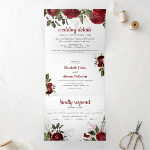 Invitación Tríptica Elegante Boda Floral Burgundy y Blanco