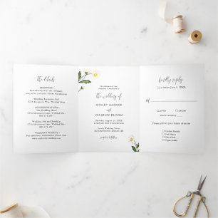 Invitación Tríptica Elegante Boda floral de margarita blanca