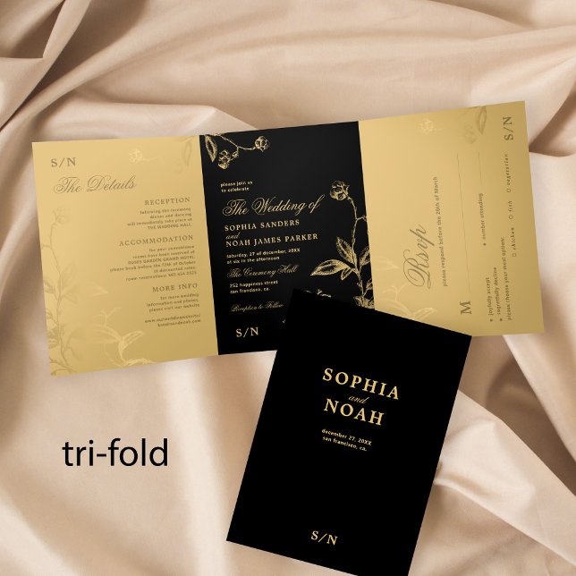 Invitación Tríptica Elegante boda floral de oro negro detalles RSVP (Subido por el creador)