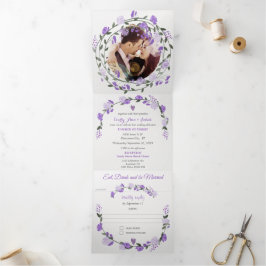 Invitación Tríptica Elegante Boda floral de peones púrpura