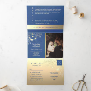 Invitación Tríptica Elegante Boda Floral Gold Royal Blue