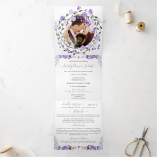 Invitación Tríptica Elegante Boda floral púrpura púrpura triple foto