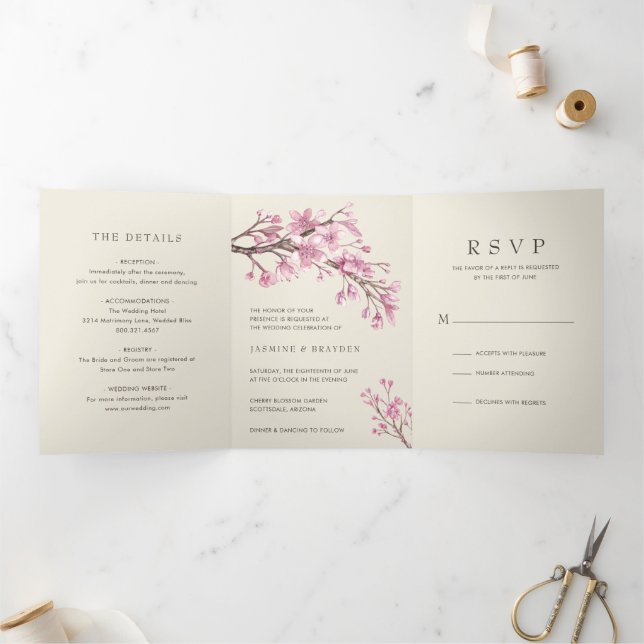 Invitación Tríptica Elegante Boda floral rosa con flores de cerezo (Interior)